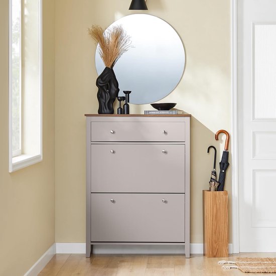SoBuy FSR89-KA Armoire à chaussures avec 2 volets et un grand tiroir - Tiroir de rangement pour 12 paires de chaussures pour l'entrée, le couloir - Rangement pour chaussures marron clair, 80×25×108cm