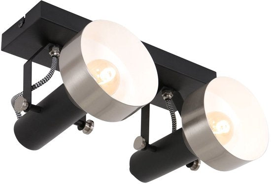 Spot de plafond Acier 3338ZW Noir, 2 douilles E27, orientable et inclinable, plastique et métal, style moderne, Mexlite