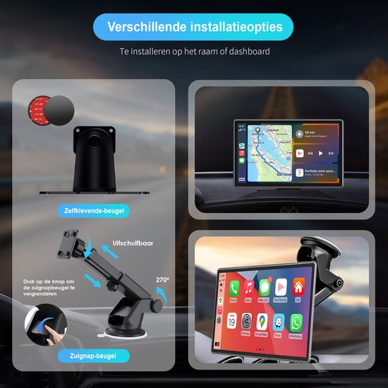 Écran Strolox CarPlay 9 pouces - Compatible avec Apple CarPlay et Android Auto - Sans fil - Système de navigation - Autoradio universel Bluetooth - Connexion USB-C - 2 supports de fixation - 2024