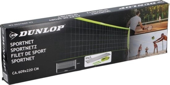 Dunlop Sports Net 609 x 220 CM - Filet de volley-ball - Filet de tennis - Filet de badminton - Set complet avec bâtons, filet, piquets de sol et cordes de tension - Utilisation multifonctionnelle - Vert/Noir
