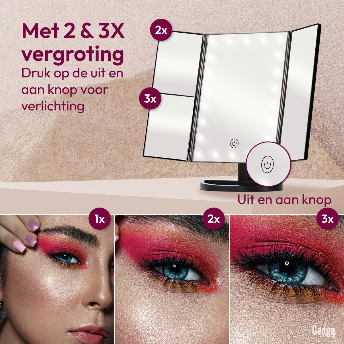 Gadgy Make Up Spiegel met Verlichting - Cosmetica Spiegel - Scheerspiegel - Staand met 2 Vergrootspiegels - op Batterijen of USB (kabel incl) - Cadeau voor Vrouw