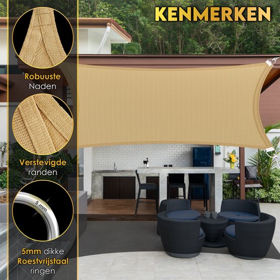 Toivo Toile d'ombrage Rectangle 3 x 4 Mètres - Crème - Matière HDPE - Corde et mousqueton inclus - Toile d'ombrage - Filet d'ombrage - Pare-soleil