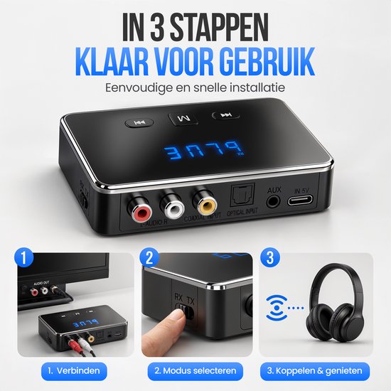 Adaptateur 3-en-1 Strex avec émetteur et récepteur Bluetooth - Émetteur et récepteur audio Bluetooth - Bluetooth 6.0 - AUX/RCA/optique - Sans fil - Portée de 15 mètres