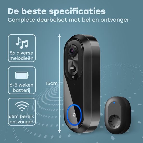 Audyn Sonnette vidéo avec caméra - Sans fil - Sonnette intelligente - WiFi - 1080P - Sans abonnement - Gong sans fil inclus