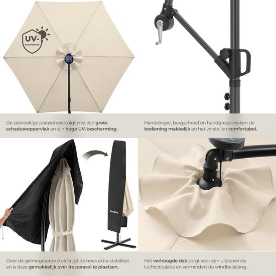 tectake® Parasol suspendu avec pied - 3 x 3 m - Parasol de jardin avec éclairage LED à énergie solaire - Orientable - Polyester hydrofuge avec protection UV - Housse incluse - Beige