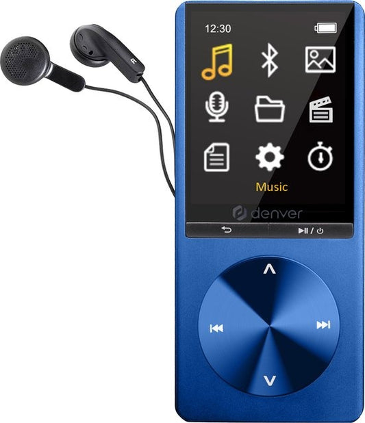 Denver Lecteur MP3 / MP4 - Bluetooth - USB - Shuffle - jusqu'à 128 Go - Ecouteurs inclus - Enregistreur vocal - Dicataphone - MP1820 - Bleu
