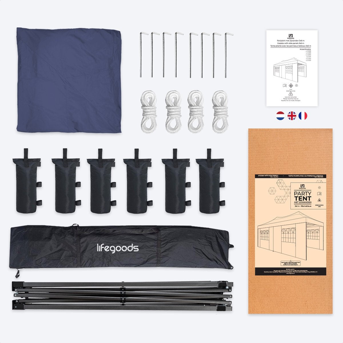 Chapiteau de jardin LifeGoods - 3x6 m - Pliable - Etanche - Parois - Sac de transport à roulettes - Bleu foncé