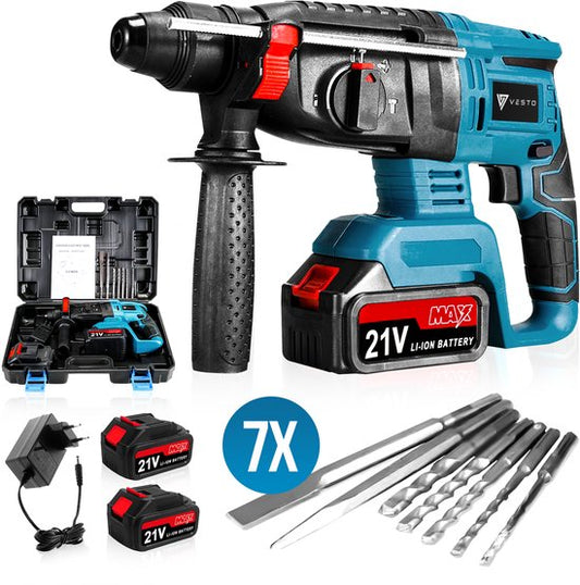 Vesto® Marteau perforateur électrique - Perceuse à percussion sans fil - Marteau perforateur avec fonction burin - Marteau combiné sans fil - Perceuse à béton - Comprend un jeu de perceuses, 2 batteries et un chargeur