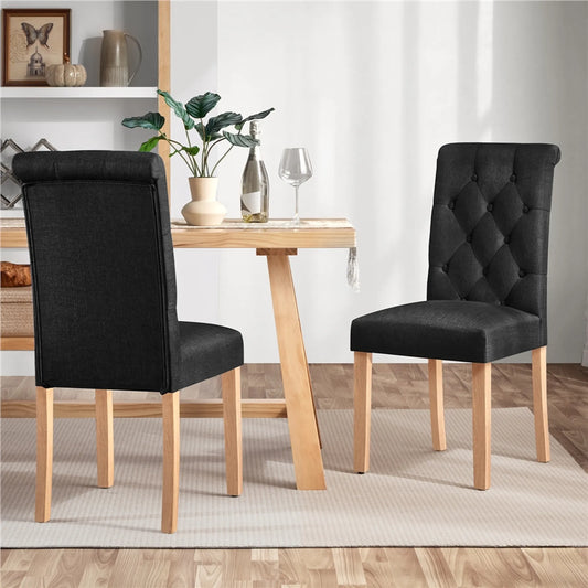 Yaheetech Chaise de salle à manger à dossier haut 2 pièces - avec dossier rembourré et pieds en chêne massif et pieds protecteurs réglables - pour cuisine et restaurant - polyester noir et chêne - 45,5 x 62 x 98,5 cm