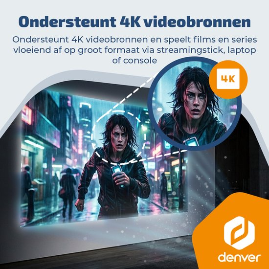 Projecteur portable Denver - 4K 3840 x 2160 p - 150 lumens ANSI - Projecteur - Batterie intégrée - Home cinéma - HDMI - USB-C - PR4700