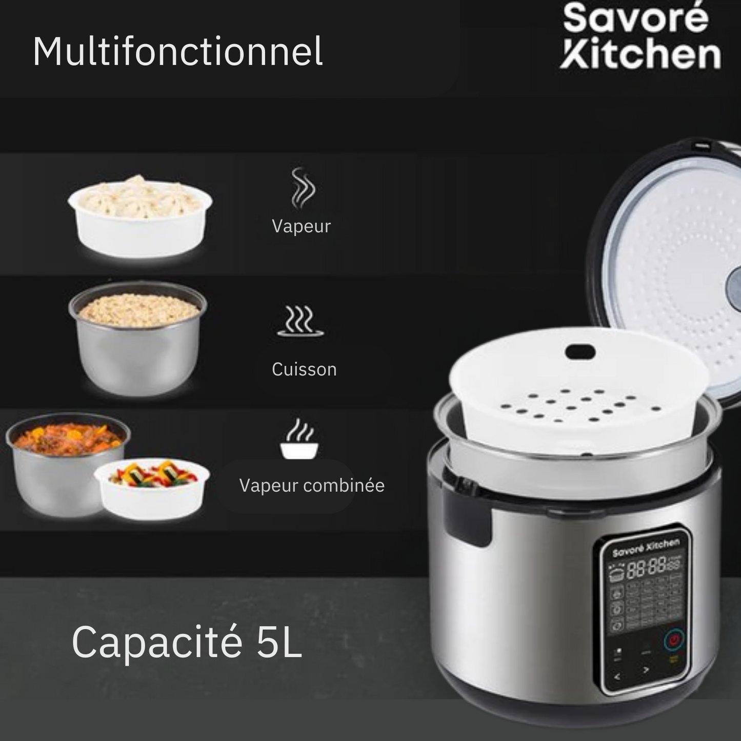 Mijoteur Multicuiseur - Savoré Kitchen - 5L avec 24 fonctions de cuisson - Cuiseur à riz - Cuiseur vapeur - Commande tactile