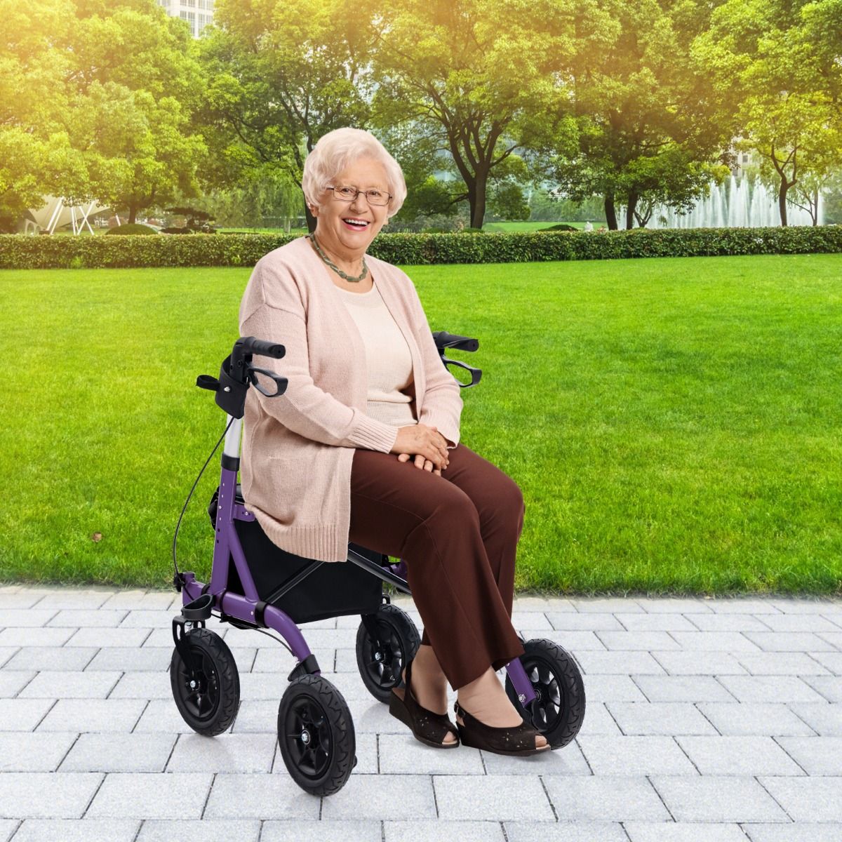 Rollator pliable Coast avec siège - Fauteuil roulant et déambulateur 2-en-1 - Réglable en hauteur sur 6 positions - violet