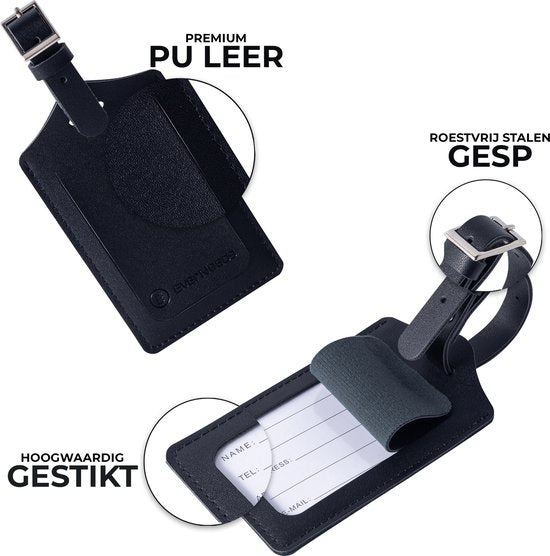 EverNeeds Etiquette de bagage - Etiquette de bagage pour valises - Etiquettes de bagage - Cuir PU - Noir - 2 pièces