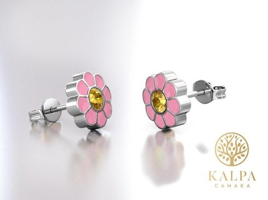Yolora Kids Boucles d'oreilles fleurs roses - cristaux Kalpa Camaka - plaqué or blanc 18K - Enfant - Boucles d'oreilles filles couleur argent - Bijoux enfants - Boîte cadeau de luxe - Boîte cadeau - Emballage cadeau - Magnifique emballage cadeau