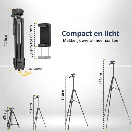 Studio ME Phone Tripod - 136 cm - Trépied Smartphone - Noir - Trépied pour appareil photo - Support pour téléphone - Télécommande Bluetooth incluse - Trépied Téléphone