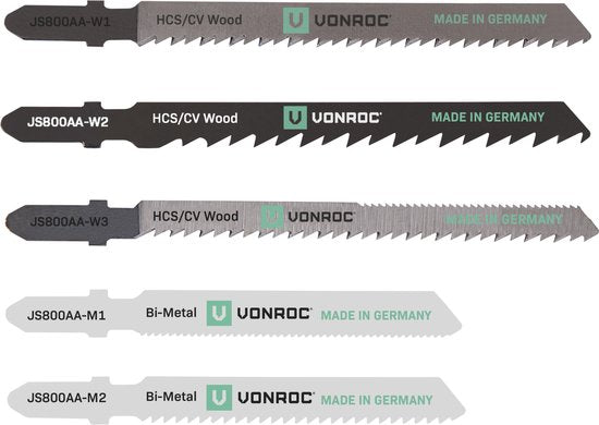 VONROC Lames de scie sauteuse - queue en T - 5 pièces - bois et métal - Made in Germany