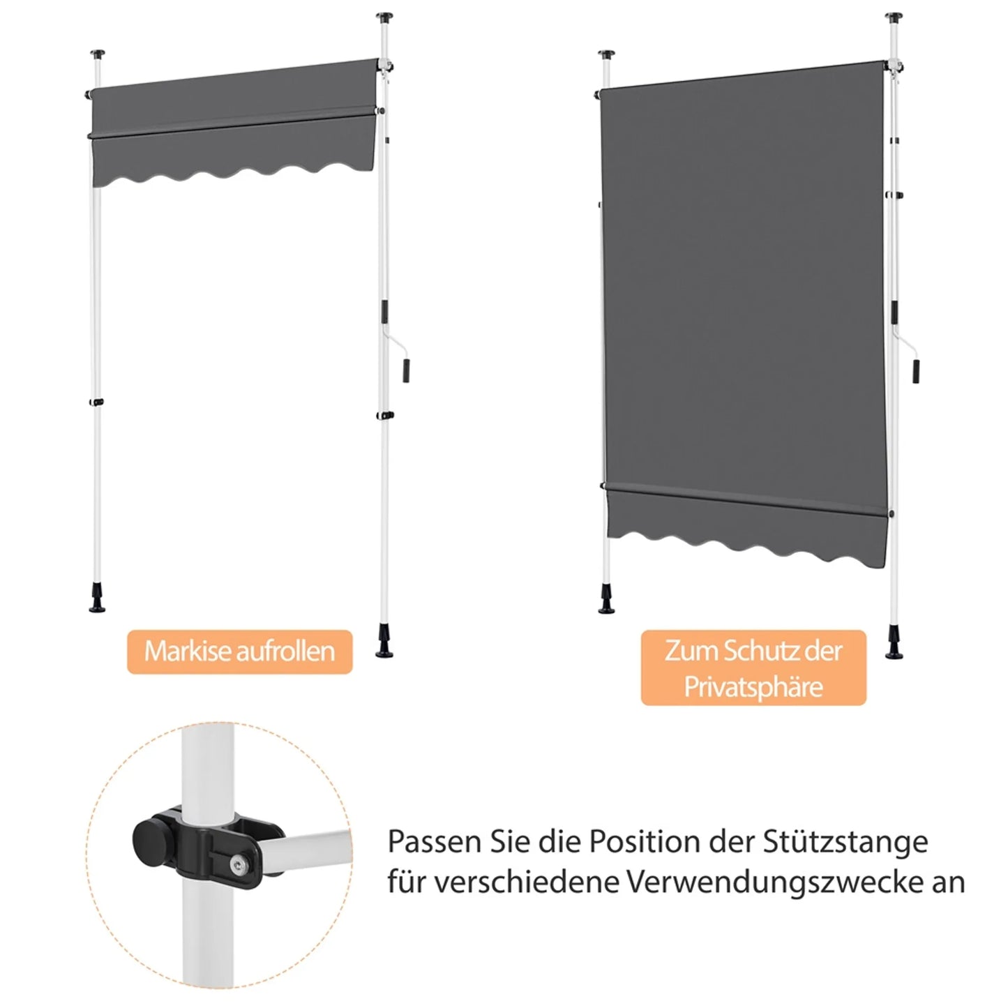 Yaheetech Clamp Sunshade With Hand Crank - With Height Adjustable Telescopic Rods And Water Repellent Cloth And Protective Feet - For Balcony And Terrace - Dark Grey Polyester And Metal - 150 x 180 x 210-300 cm