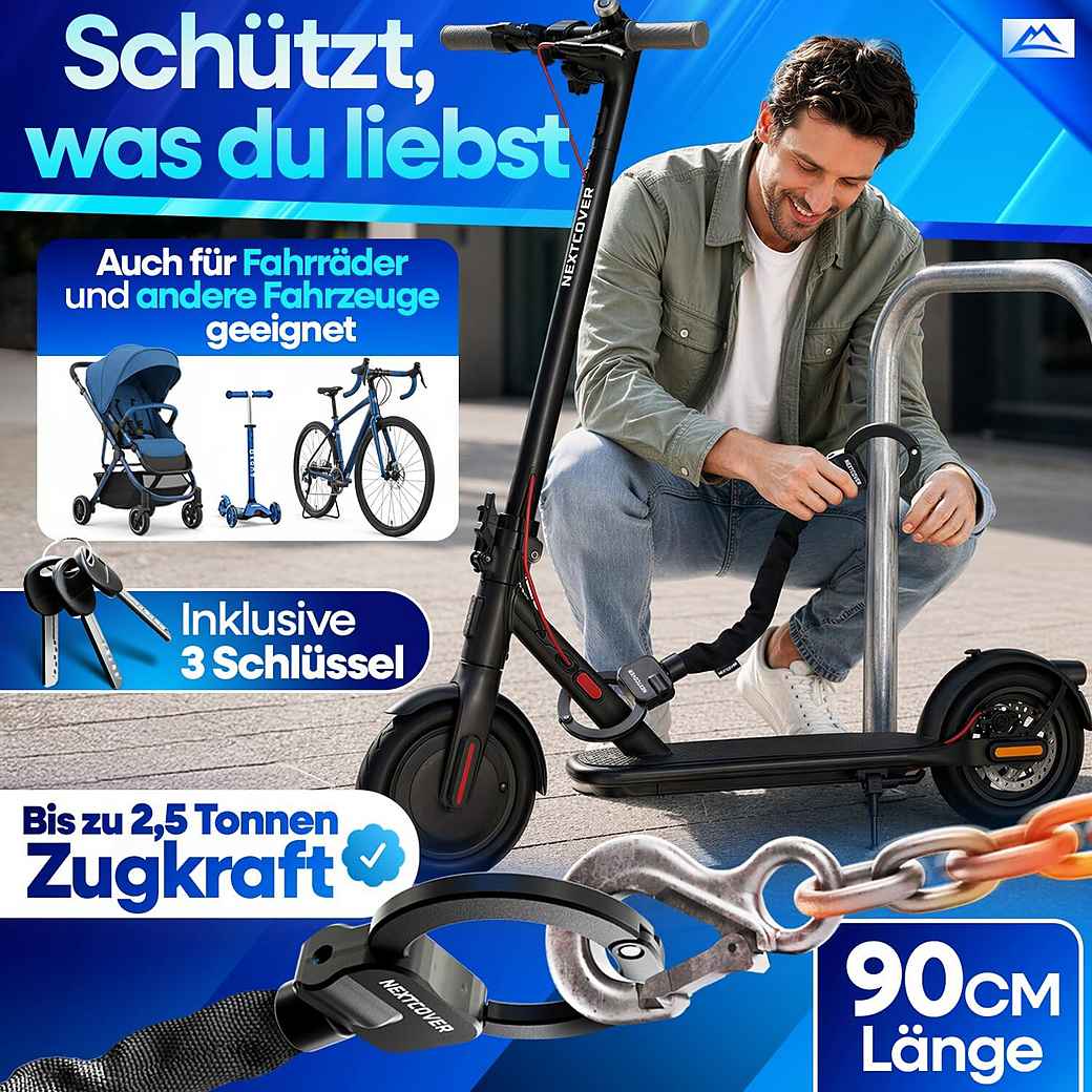 Cadenas pour trottinette électrique NEXTCOVER - Cadenas à chaîne - 90 cm - Steel-Secure - 3 clés
