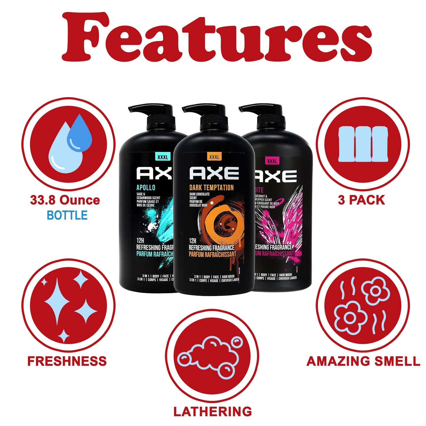 Gel douche Axe - Hommes - 3 en 1 - XXXL - Flacon pompe - Lot de 3 - Noir