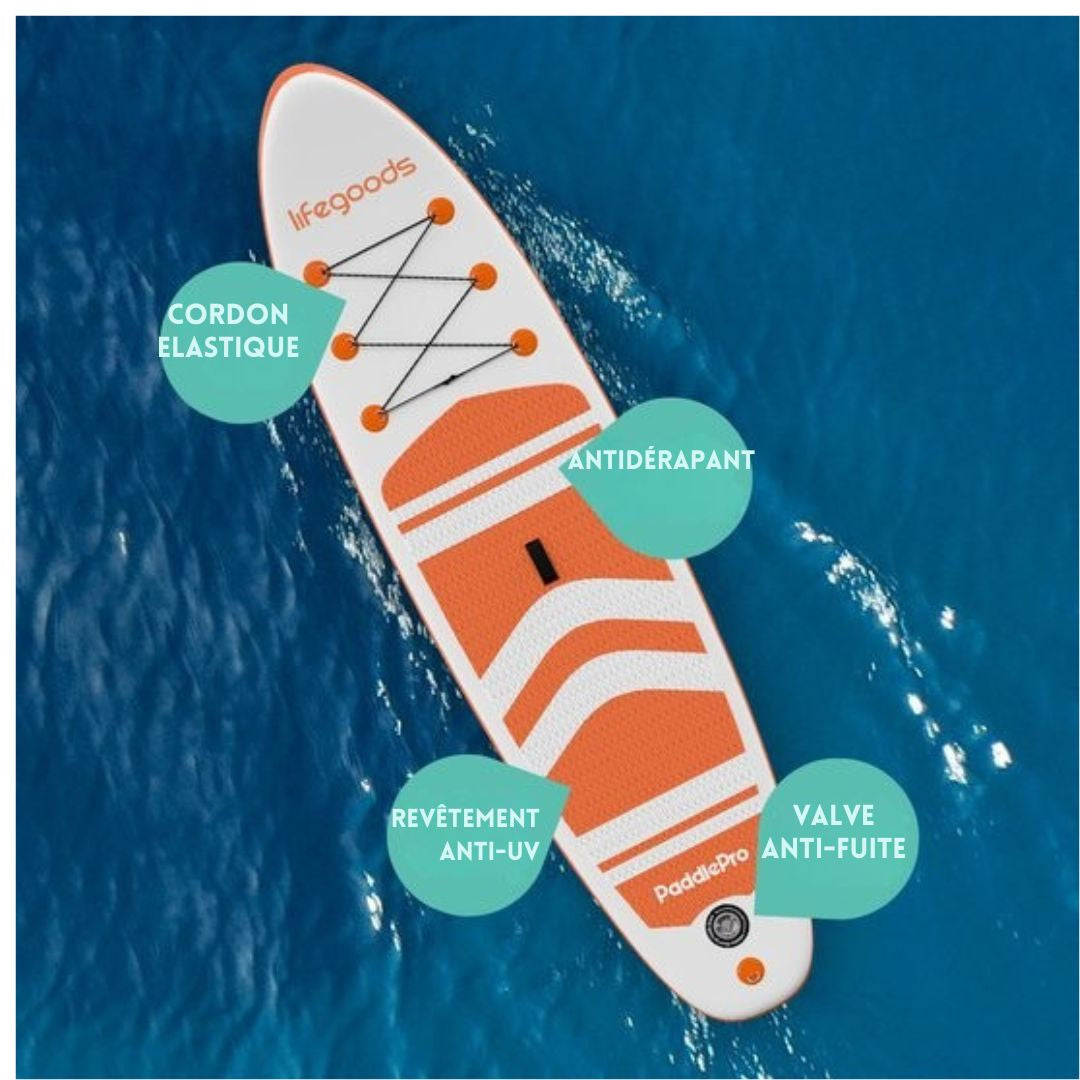 Paddle gonflable  LifeGoods - Max. 135KG - 320x81cm - Blanc/Orange