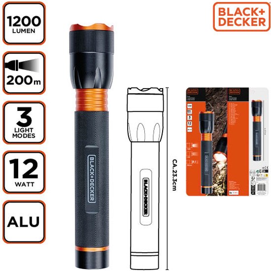 BLACK+DECKER Lampe de poche LED - 1200 Lm - 12 W - 200 M Faisceau lumineux - Ø 48 x 233 MM - 360 G - Aluminium