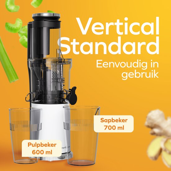 KitchenBrothers Slowjuicer - Vertical - Presse-agrumes - Presse-légumes et fruits - 80 mm - 750 ml - Blanc nacré / Blanc