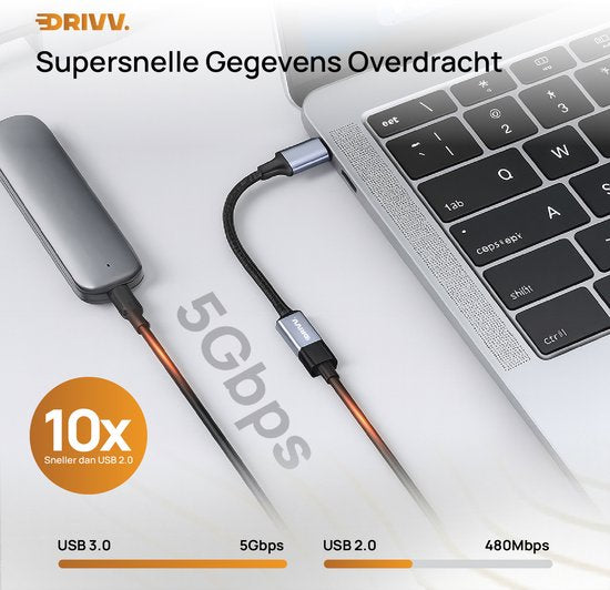 Drivv. Adaptateur USB-C vers USB-A OTG - Convertisseur USB-C vers USB - Adaptateur USB-C - Ordinateur portable - Téléphone - Gris