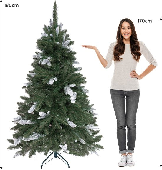 PristinePine Full Artificial Christmas tree with snow 180cm - Arbre de Noël robuste - Base en métal - Montage rapide