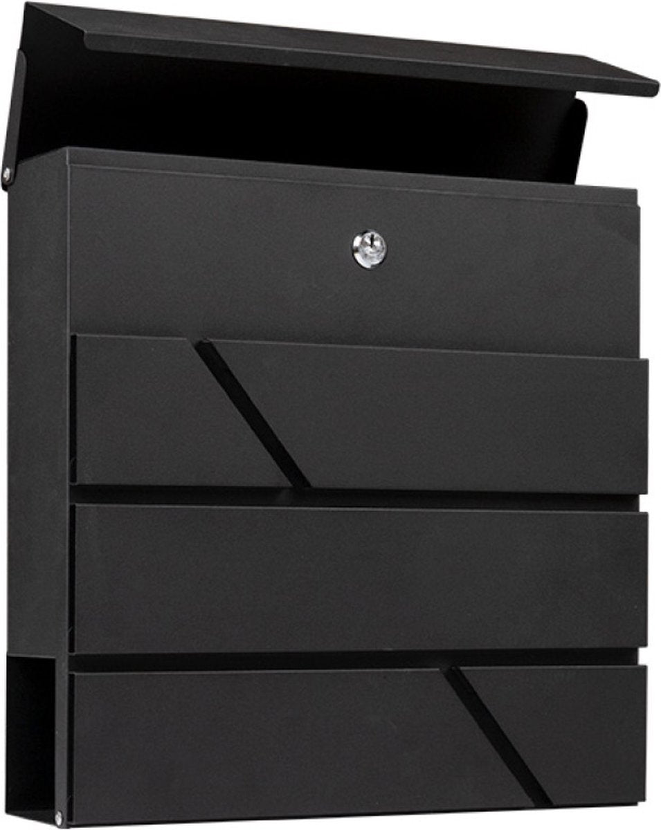 BRASQ Deluxe Letterbox Black 37.5 x 36.5 x 11 cm - Boîte aux lettres murale avec serrure et compartiment à journaux - Comprend le matériel de montage et 2 clés