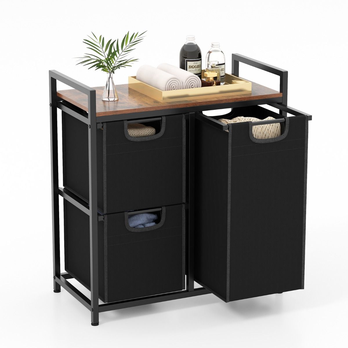 Panier à linge Coast avec étagère - 3 sacs à linge amovibles - structure métallique - noir et marron rustique