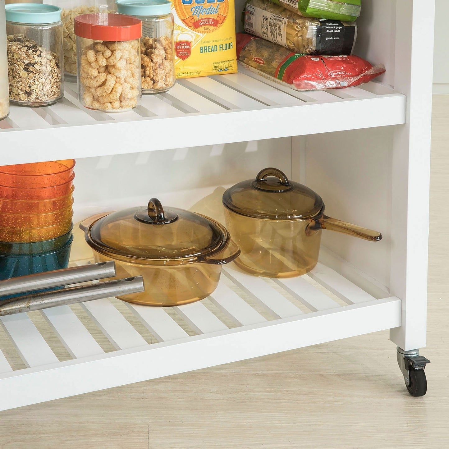 SoBuy - Ilot de cuisine sur roulettes - 100 x 60 x 94 cm - Blanc et bois composite - Chariot de cuisine mobile avec meuble de rangement - Pour cuisine et réserve
