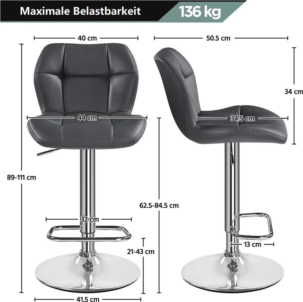 Tabourets de bar Yaheetech - Lot de 2 - Réglables de 62,5 à 84,5 cm - Pivotants à 360° - Gris