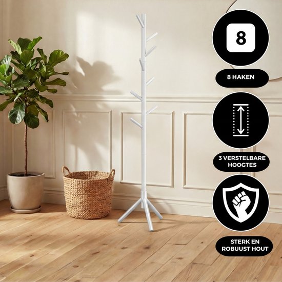 Bayt Porte-manteau - Porte-manteau sur pied - Porte-manteau bois - Porte-manteau sur pied - Porte-manteau - 8 crochets - 175 cm - Blanc