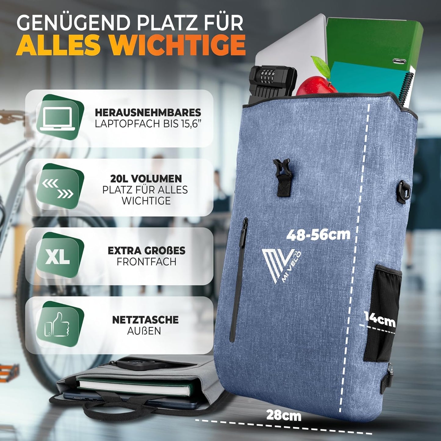 MIVELO Sacoche à vélo étanche 3-en-1 avec compartiment pour ordinateur portable et serrure - sans PVC - Bleu Jeans - 20 L