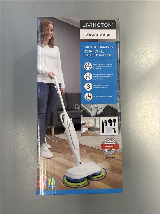 Nettoyeur vapeur Livington Steam Twister avec double tête de nettoyage rotative, nettoie, frotte et fait briller, système de vapeur à 3 niveaux, vapeur à 120 degrés, nettoyeur vapeur à main, blanc