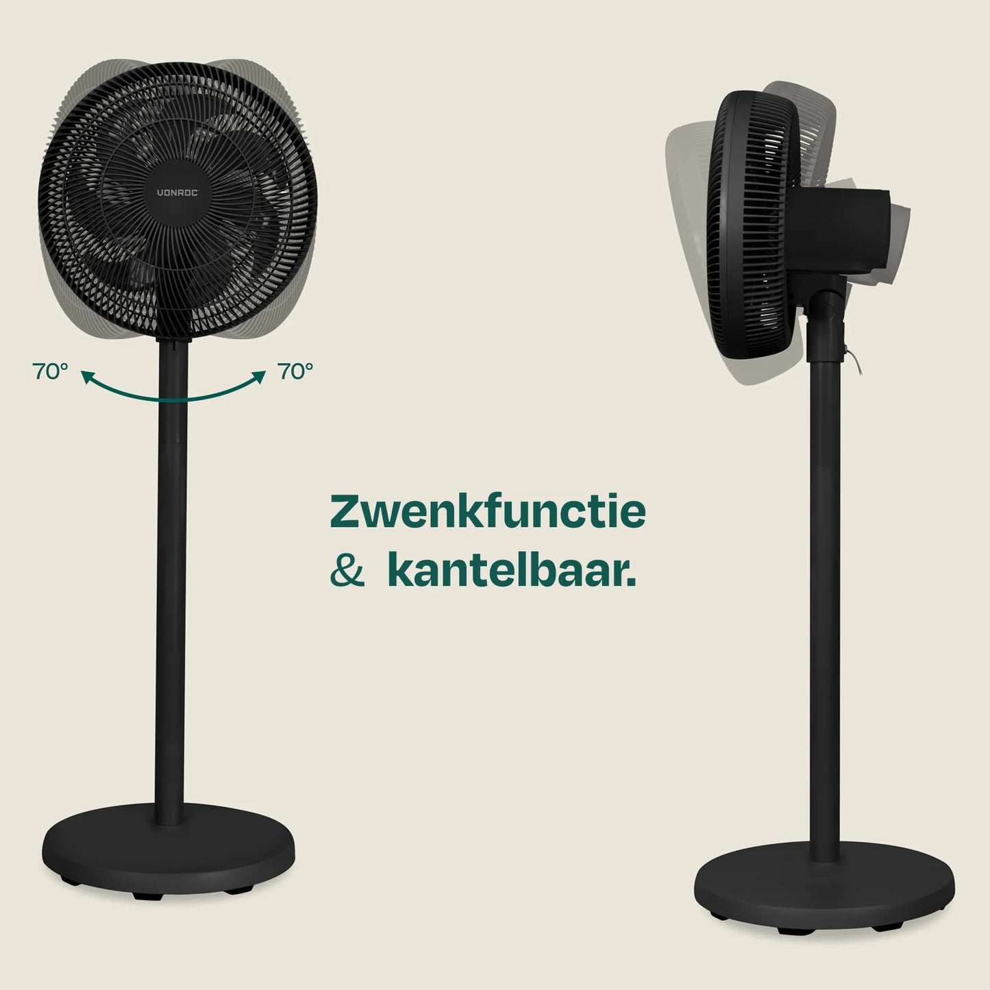 Ventilateur de sol VONROC avec télécommande – Réglable sur 3 hauteurs, avec 7 pales et minuterie – Pour chambre et salon – Plastique noir – 110 cm