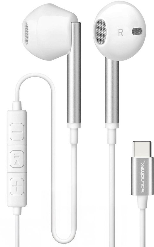 Soundtrex Écouteurs avec fil USB-C - Écouteurs filaires avec microphone - Adaptés aux smartphones et aux tablettes - Blancs