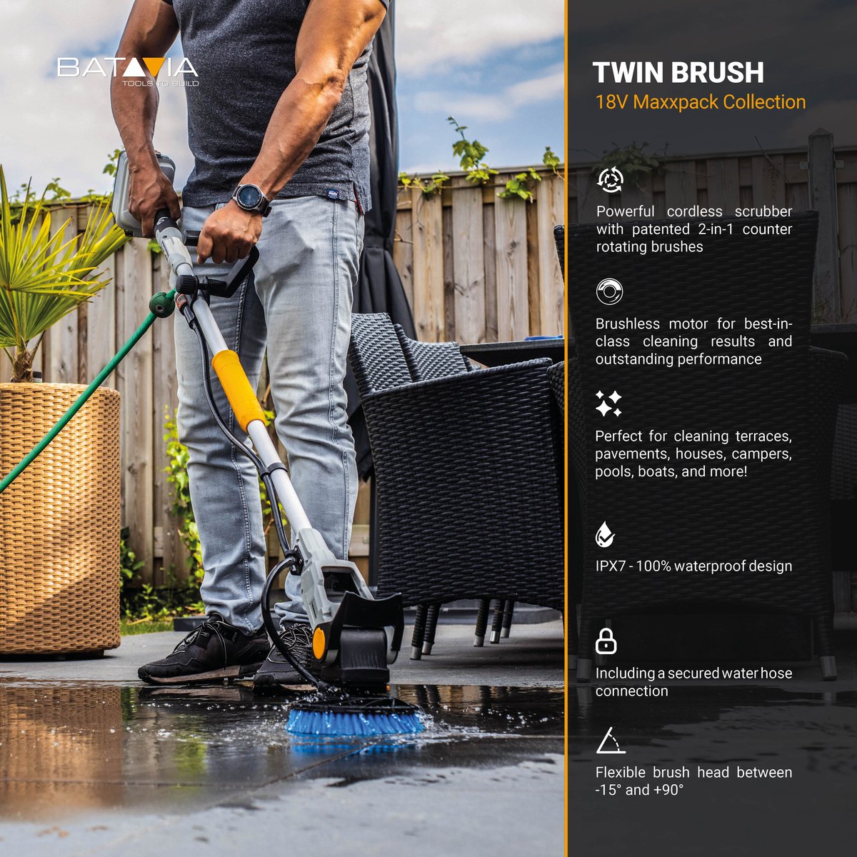 Batavia Battery 18V Twin Brush Brushless Cleaning Brushless - Comprend batterie Li-ion 2.0 Ah - chargeur 2.4A - 1x brosse de nettoyage - 1x brosse moyenne bleue - Maxxpack