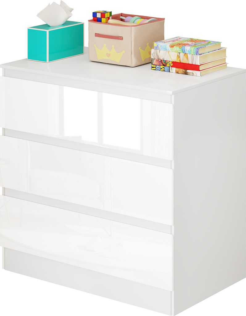 Commode Woltu avec 3 tiroirs - Blanc brillant - 80 x 78 x 48 cm - Design spacieux et moderne