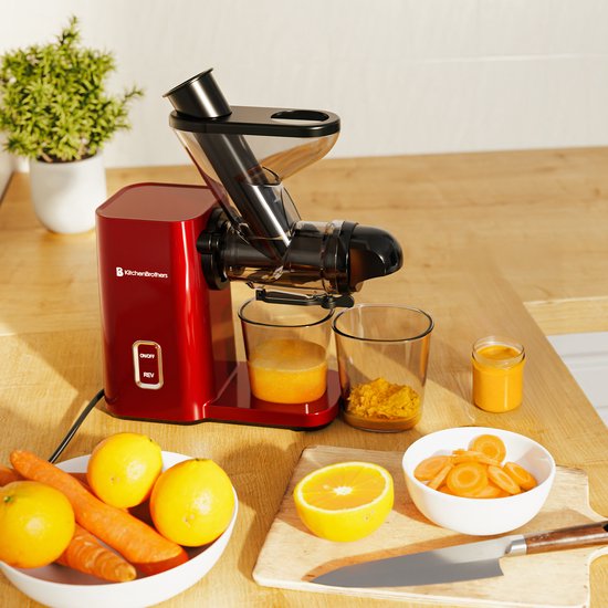 KitchenBrothers Slowjuicer - Mini presse-agrumes - Presse-légumes et fruits - Alimentation 40 mm et 50 mm - 400 ml - Rouge