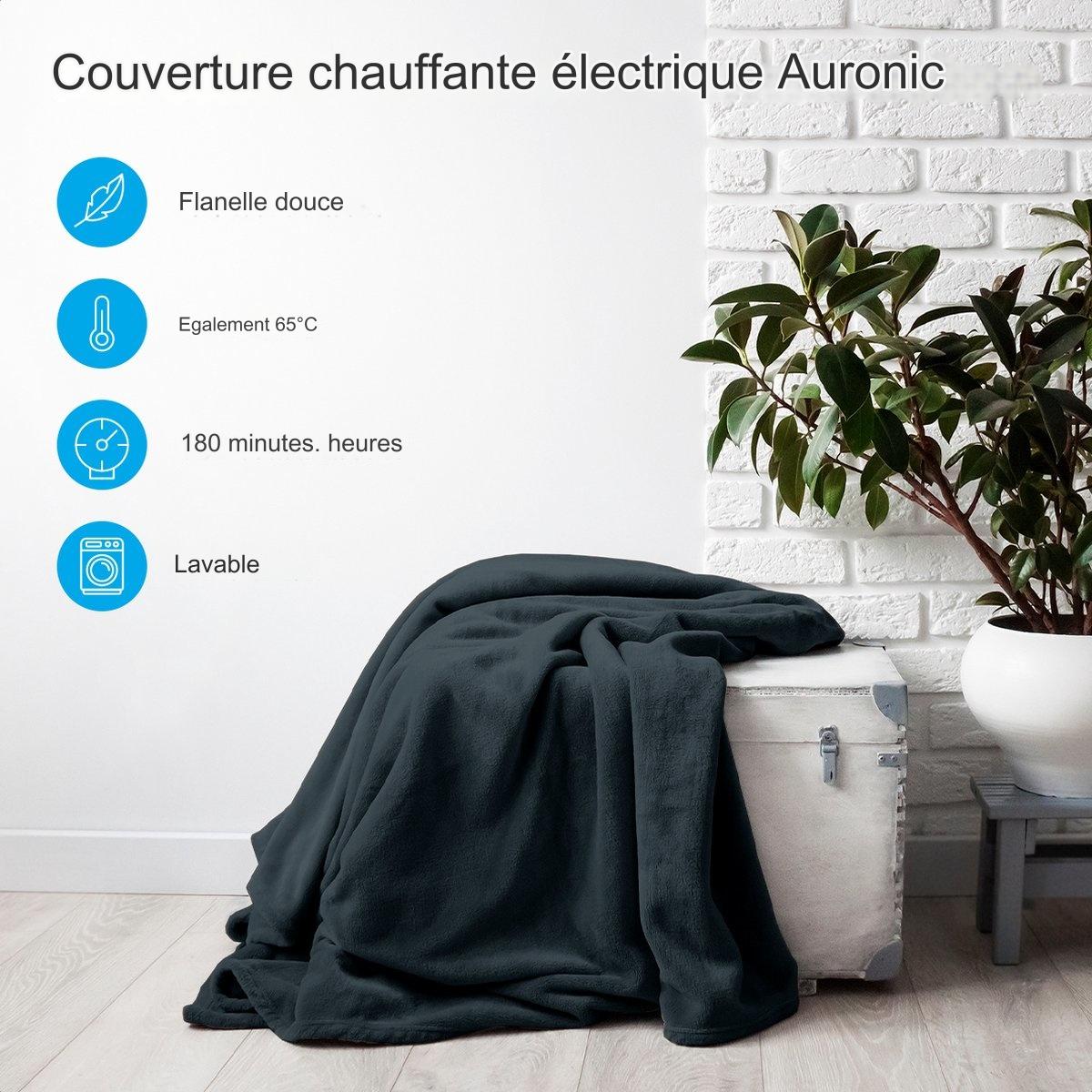 Couverture chauffante électrique Auronic - Sur-couverture - 2 personnes - 3 niveaux - Avec minuterie - 200 x 180 cm - Anthracite