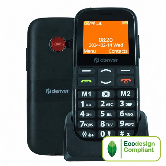 Téléphone portable Denver pour seniors 4G - Grandes touches - Bouton SOS - Grandir sans smartphone - Station de recharge - GSM - Bluetooth - Radio FM - Entièrement en néerlandais et en français - Modèle 2026 - BAS18800L