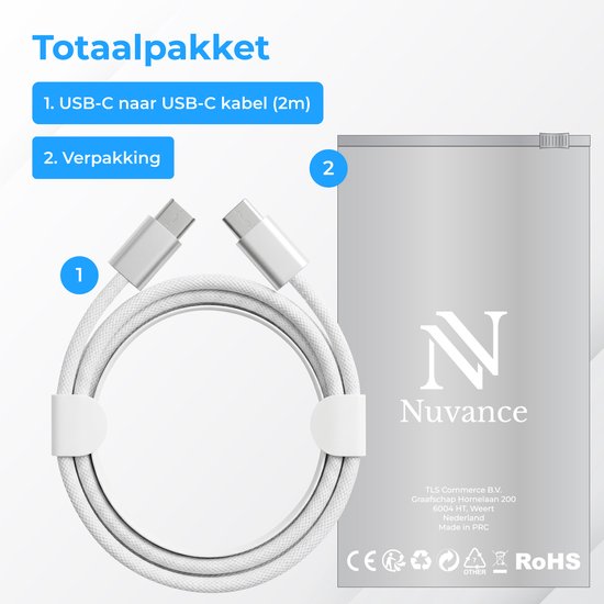 Câble Nuvance USB-C vers USB-C - Chargeur USB-C - 2 mètres - Chargeur rapide USB-C - Nylon tressé - 60 W - 480 Mbps - Blanc