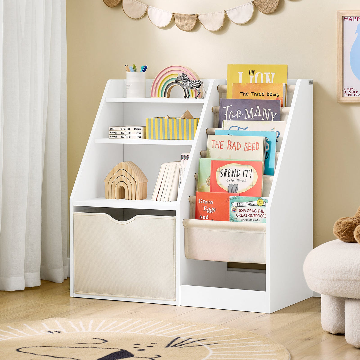 SoBuy KMB119-W Bibliothèque Montessori pour enfants 3 niveaux avec rangement et paniers en tissu, blanc, 80 x 40 x 80 cm