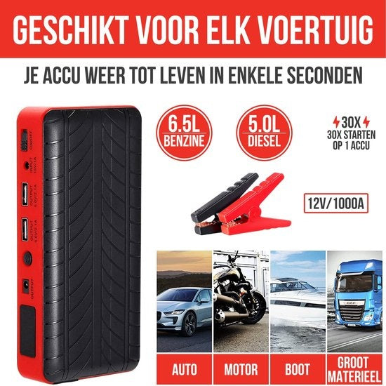 Démarreur de voiture - Strex - 12V J– 1000A / 18 000 mAh – avec powerbank, lampe de poche LED et lumière SOS d'urgence – Avec mallette de rangement