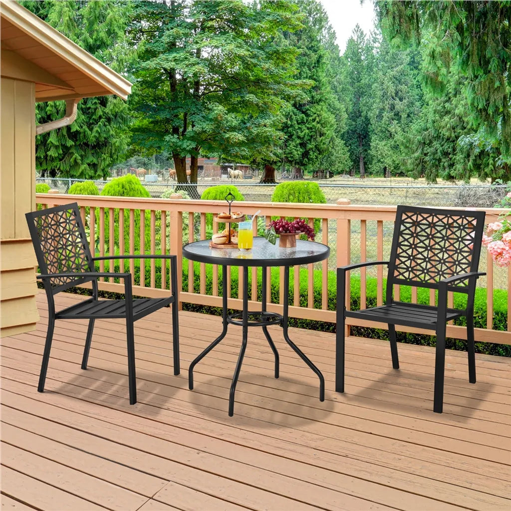 Yaheetech Bistro Table de jardin Ø 70 cm - Noir - Table ronde avec plateau en verre trempé et trou pour parasol