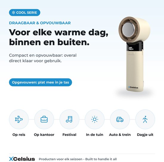 Ventilateur portable XCelsius® - Mini-ventilateur pliable - Rechargeable via USB-C - Réglage continu de 0 % à 100 % - Avec plaque de refroidissement instantanée - Beige/Crème