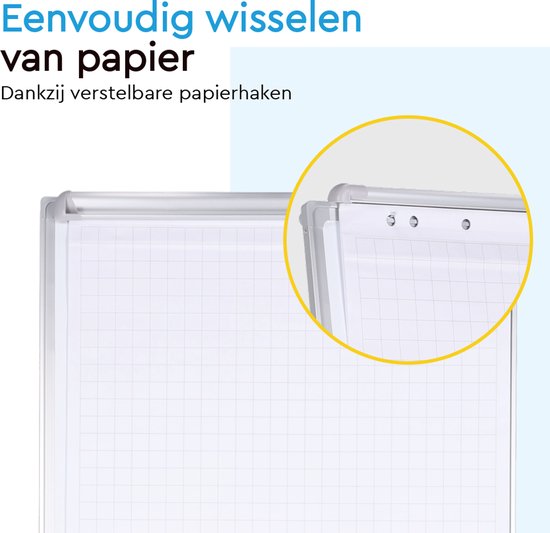 BRASQ Flipchart - 70x100cm - Tableau blanc ajustable - Comprend 25 feuilles de papier, 4 marqueurs, 8 aimants, une gomme - Tableau magnétique avec crochets - Tableau magnétique - Aluminium