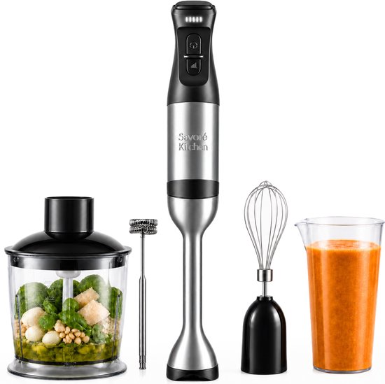 Mixeur plongeant Savoré Kitchen Pro+ 1500 W – Ensemble comprenant un hachoir de 600 ml, un fouet, un mousseur à lait et un verre doseur – 5 vitesses – 6 lames – acier inoxydable