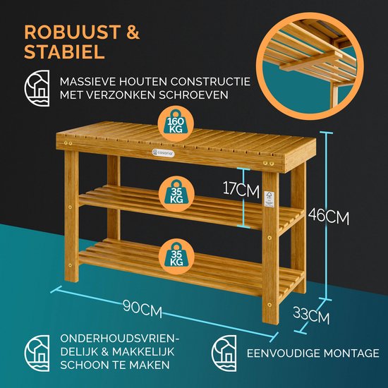Casaria Shoe Rack - Banc 3 étagères 90x33x46cm - Bois d'acacia